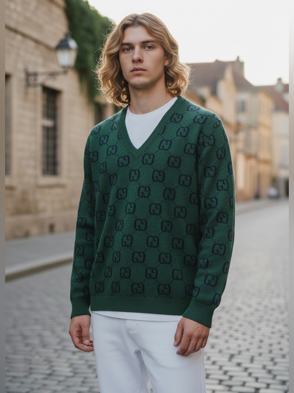 Gucci Men's Dark Green GG Jacquard V-Neck Sweater